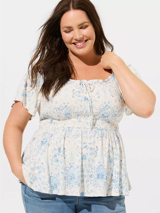 torrid Tops - Torrid Floral Peasant Blouse in Cream and Light Blue